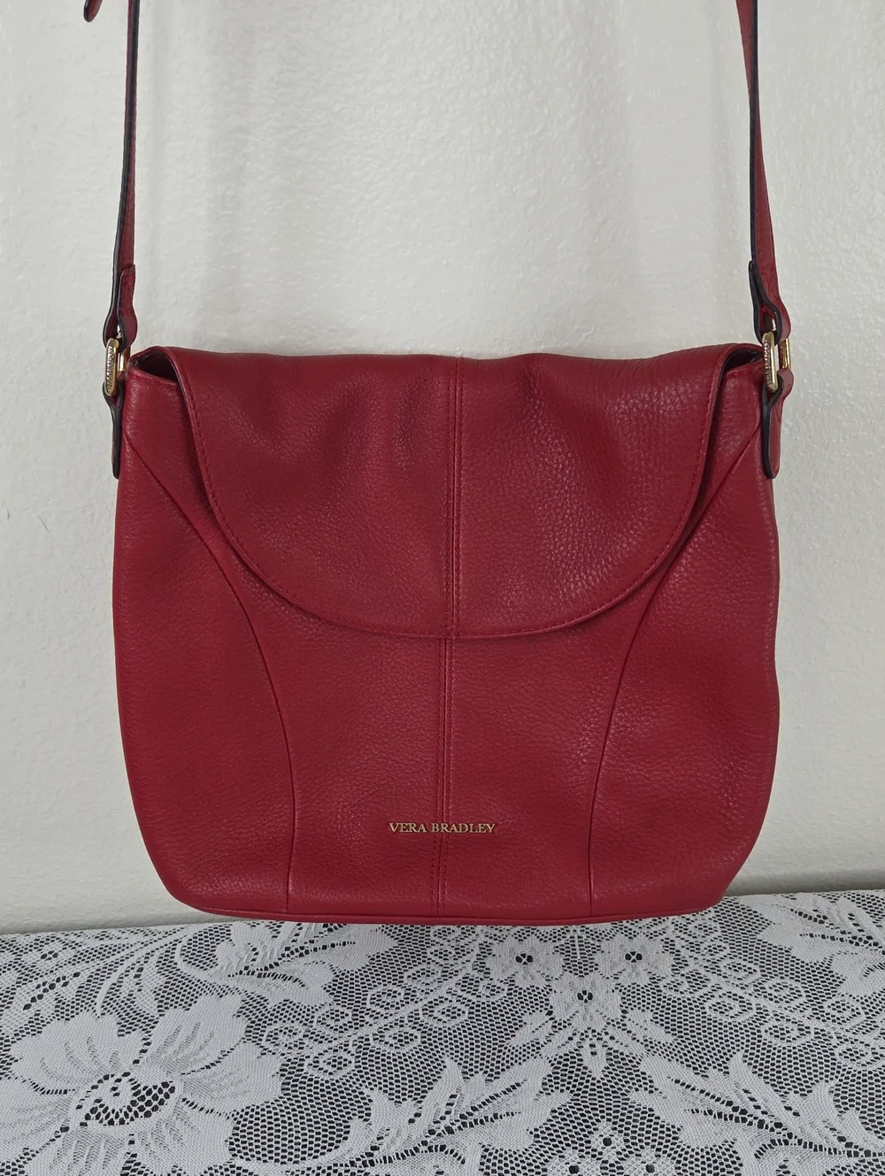Vera Bradley Alexa Red Pebbled Leather Crossbody Shoulder Bag Adjustable Strap